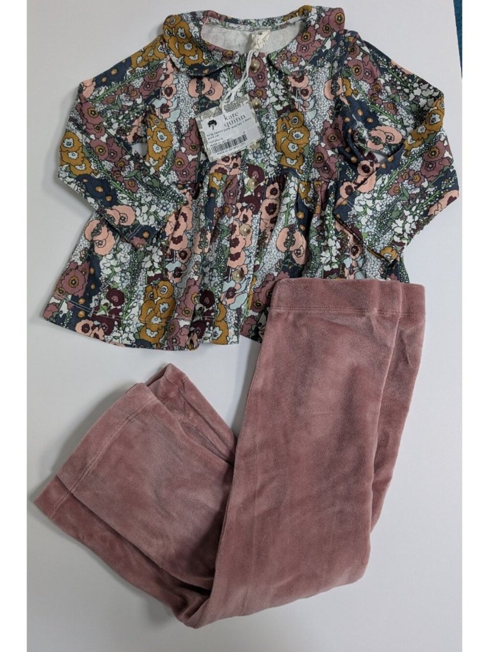 Kate Quinn Organic Cotton 3T Hollyhock Peter Pan Top & Velour Flare Pants Set